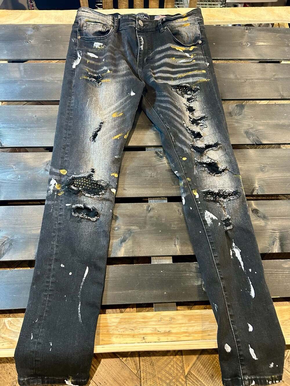 KDNK Men's Distressed Black Denim Jeans with Gold and White Paint Splatter